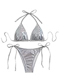GORGLITTER Women's Metallic Bikini Set Halter Triangle Sexy 2 Piece Swimsuits Tie Side Bottom Swimwear Silver Large