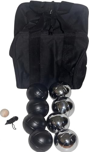 BuyBocceBalls Listing - 73mm Metal Bocce/Petanque Set with 4 Black and 4 Silver Balls and Heavy Duty Black Nylon Bag - Single