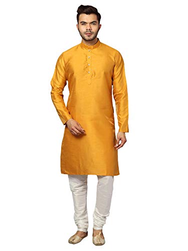 Image of Uri and MacKenzie Banarasi Dupion Silk Solid Kurta Churidar Pyjama Set for Men
