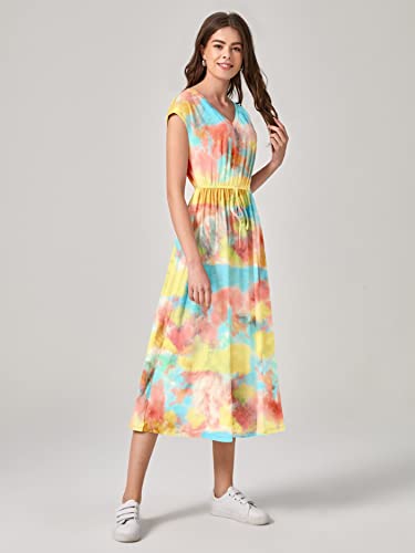 Image of Leriya Fashion Women's Tai-Dye Printed Mesh Rayon Lycra High V-Collar Neck Long Kurti Dresses for Women, A-Line Knee-Length Dress, Midi Western Dress for Women, Short Dress