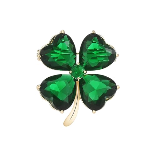 Crystal Green Clover Brooch Pin for Women Girls Rhinestone CZ Lucky Four Leaf Irish Shamrock Lapel Pins Brooches St Patrick's Day Holiday Party Decor Dress Accessories Jewelry Gifts