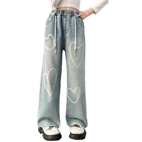 Moonker Baggy Denim Pants for Girls Wide Leg Pattern Printed Elastic High Waisted Summer Straight Jeans Slim