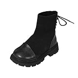 IWIHMIV Little Girls Knitted Leather Short Boots Lace-Up Ankle Boots Non Slip Fashion Comfortable Riding Booties（Black,12
