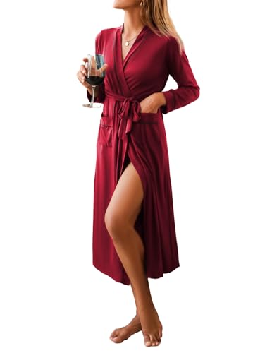 Image of Ekouaer Women Kimono Robes Full Length Knit Bathrobe Lightweight Soft Sleepwear V-neck Casual Ladies Loungewear S-XXL