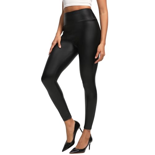 Zilams Pantalon Cuero Mujer Cintura Alta Pantalones Elasticos Leggins Cuero Mujer Push Up Sexy Pantalones de Piel Sintético Negro Mate XL