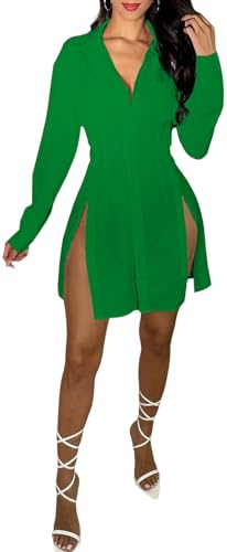 Image of Shirt Dress for Women Sexy Button Down Date Night Dresses Ruched Slit Stand Collar Long Sleeve Blouses