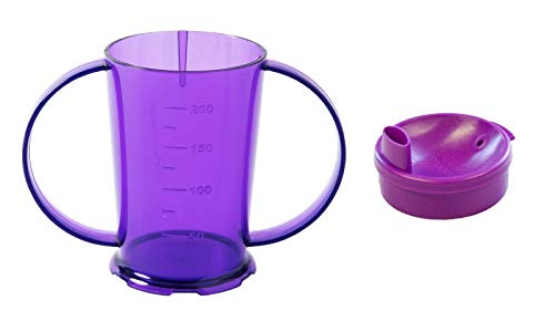 Vaso graduado de dos asas con tapa, paquete de 1-200 ml para alimentador de adultos - Ayuda para beber (color morado, tapa ancha) Cover