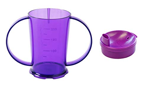 Two Handled Graduated Beaker with Lid - Pack of 1-200ml Adult Feeder Cup - Drinking Aid (Colour Purple, Wide Spouted Lid)