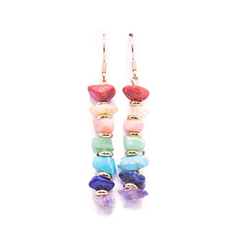 NILUXE DESIGN -Pendientes Chakras Piedras Naturales Dorados - Pendientes Mujer Colgantes Largos - Acero Inoxidable Piedra Curativa Amuleto Protección - Ideal para Regalo(Largo)