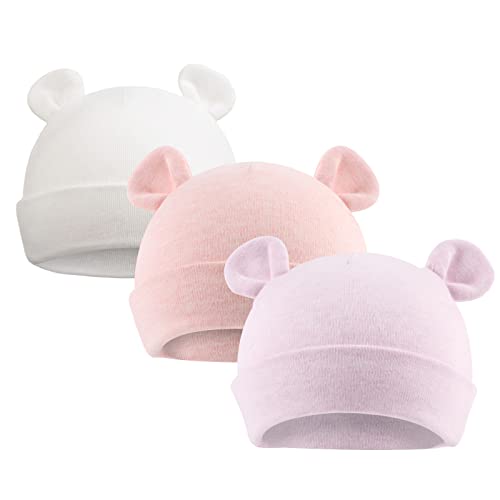 Image of Original Cotton Newborn Hats for Girls Striped Preemie Baby Hats Bear Ears Infant Boys Beanies 0-6 Months