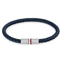 Tommy Hilfiger Men's Stainless Steel & Navy Leather Rope Bracelet, 2790460, Navy, One Size
