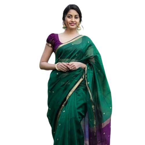 Image of Original Maheswari Cotton Silk Saree for Women | Kanjivaram Pure Silk Cotton Sari with Blouse | Zari Work | Tassels | Handloom Weave