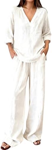 Linen Set Women 2 Piece Summer Long Sleeve V Neck Top Wide Leg Lo...
