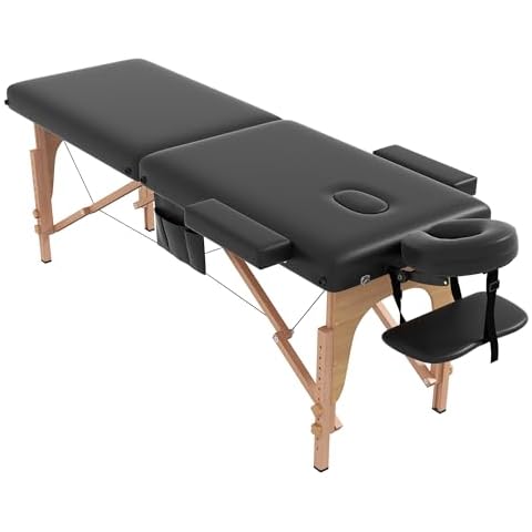civama Massage Table Massage Bed Portable, 29 LBs Light Weight 2 Section Foldable Tattoo Bed Facial Care Spa Lash Bed Height Adjustable Sturdy Wooden Frame with Accessories Carrying Bag, Black Cover
