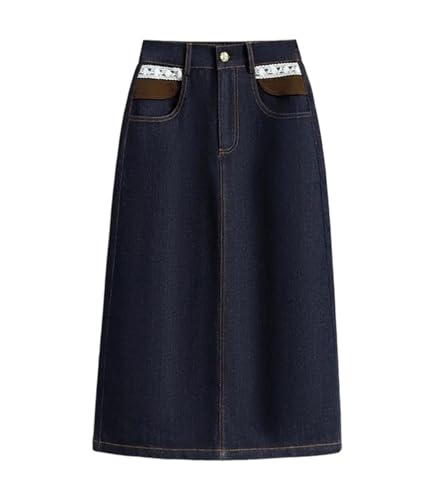Women's High Waist Denim Skirt Classic Midi Length Lace Pocket Casual Office Denim Skirt Daily Wear Blue