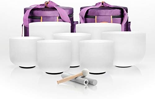 TOPFUND 432Hz Chakra Set of 7 Crystal Singing Bowls 7-12 inch with Heavy Duty Carrying Cases & Singing Bowl Mallet Suede Strikers