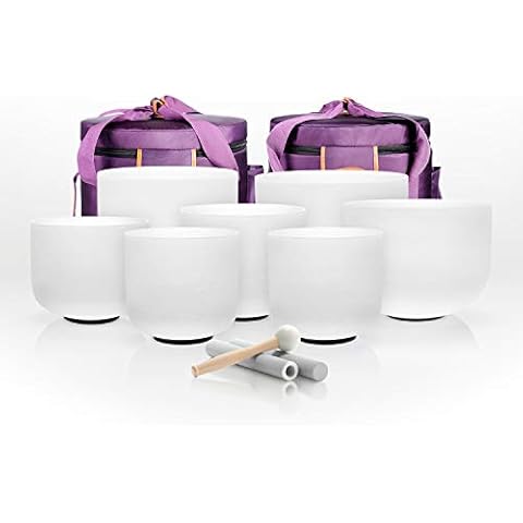 TOPFUND Chakra Set of 7 Crystal Singing Bowls 7-12 inch with Heavy Duty Carrying Cases & Singing Bowl Mallet Suede Strikers Cover