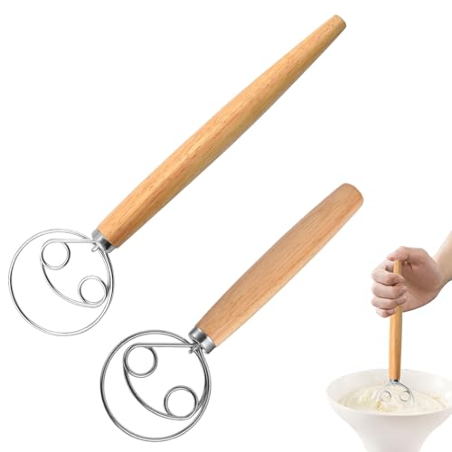 Niaciswe Frusta danese 2 pezzi Frusta per impasto danesi (33 cm & 24 cm) Filo di Acciaio Inossidabile con Comoda Impugnatura in legno Frusta olandese per Preparare Torte Cucinare e Cuocere Dolci