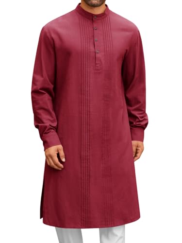 Runcati Mens Kaftan Robe Button Down Long Sleeve Cotton Linen Thobe Casual Muslim Gown Henley Shirt Burgundy