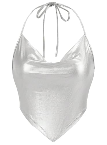 Womens Metallic Draped Front Tank Shiny Halter Top for Dancing, Raves, Festivals, Costumes(T089,Silver,L)