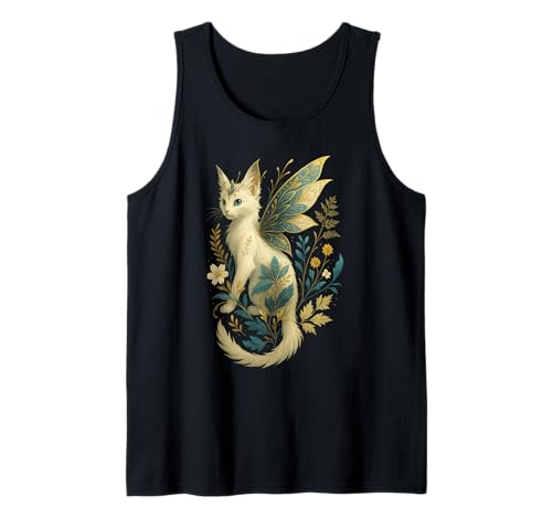 Fantasía gato hada con alas florales arte felino mágico Camiseta sin Mangas