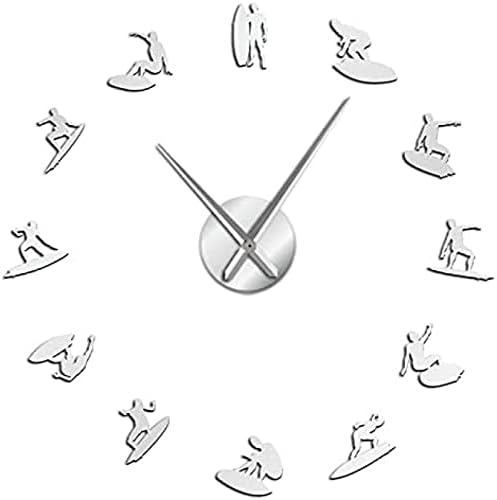 Wall Clock Surfers Profile Self Adhesive 3D DIY Wall Clock Gift for Him Extreme Sport Lover Athlete Ocean Surfing Mirror Effect Clock Watch image 3