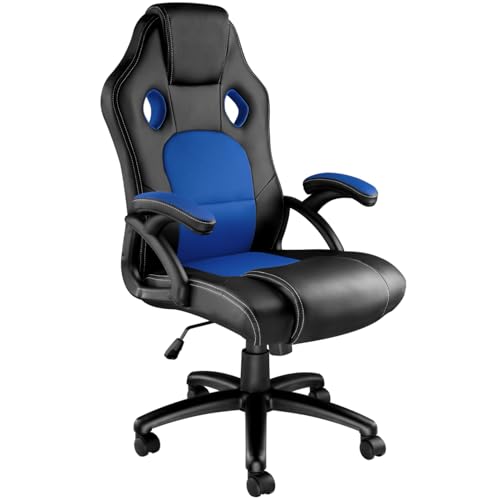 TecTake® Silla Gamer Ergonómica, Ajuste de Altura, Silla de Escritorio de Oficina, Silla de Estudio con Acolchado Cómodo, Sillas con Reposabrazos y Ruedas, Sillas Gaming para Ordenador - Negro/Azul