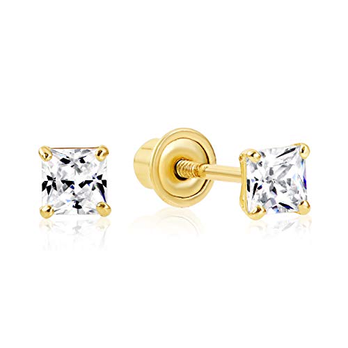 14k Yellow Gold Solitaire Square Princess-cut CZ Stud Earrings with Secure Screw-backs