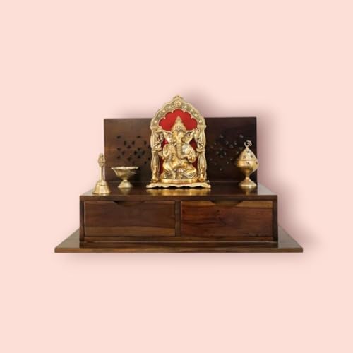 Image of MISAN Wooden Wall Mounted Temple, Traditional Indian Style, Sheesham Wood,Sheesham Wood Pooja Mandir for Home (A-Walnut)