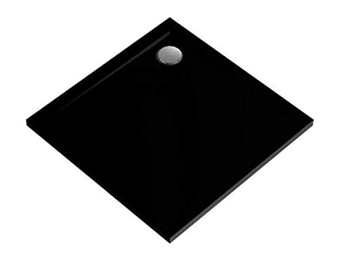 ECOLAM® Duschwanne Quadrat 100x100 Cm Flach 1,5 Cm Tiefe – Schwarzer Steineffekt Mit Alcaplast-Siphon