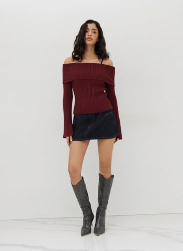 Image of CIDER Off The Shoulder Tops for Women Long Sleeve Going Out Y2K Tops Knit Pullover Fall Outfits Trendy