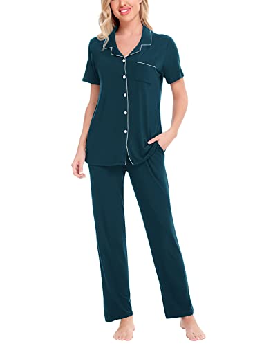 Image of SWOMOG Women Pajama Sets Two-Piece Nightwear Short Sleeve Sleepwear Button Down Pj Lounge Sets with Long Pants