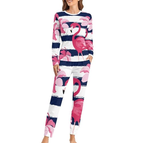 Ensemble pyjama femme flamant rose vêtement de nuit manches longues et pantalon