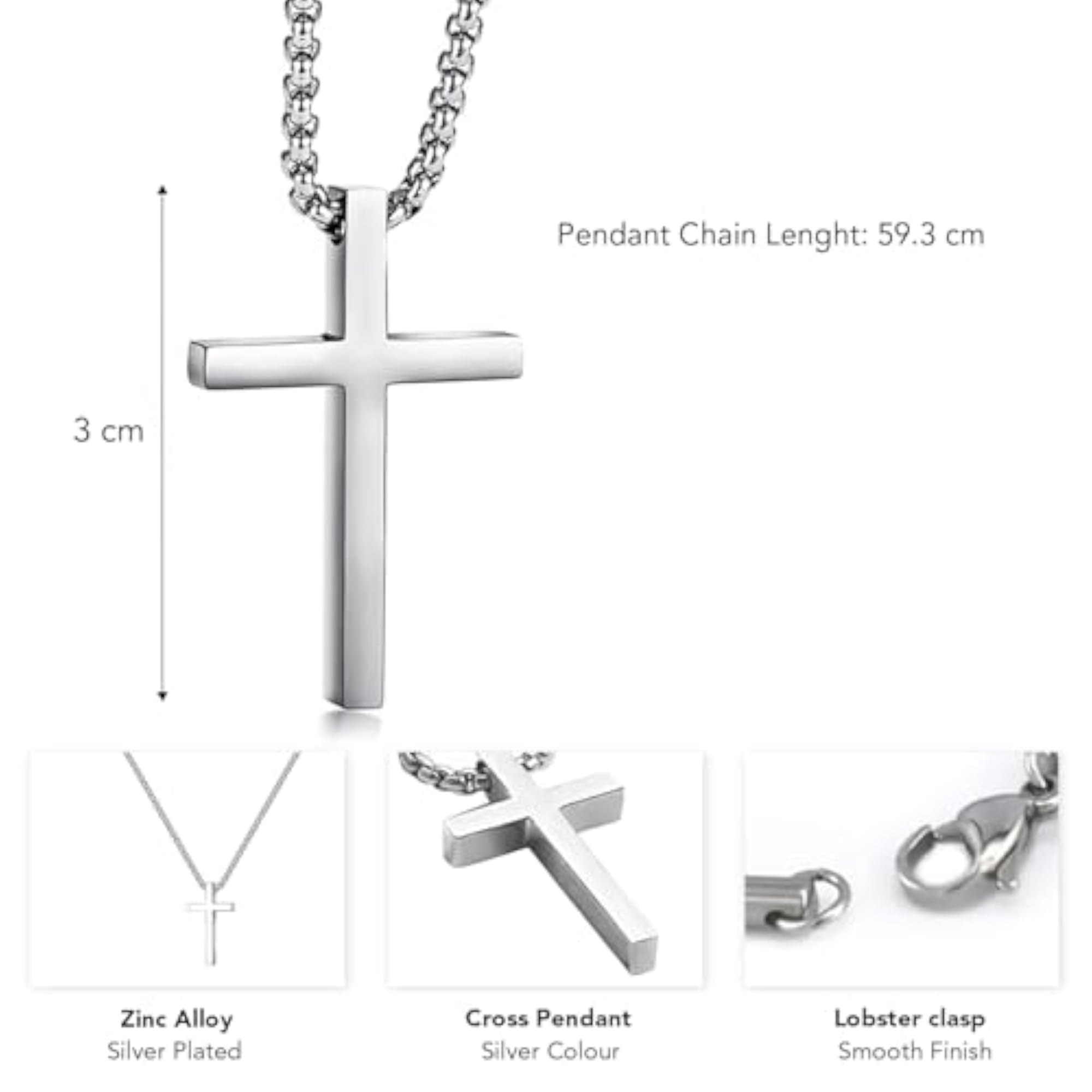 Men's Silver Plated Fancy Cross Pendant with Ball Chain
