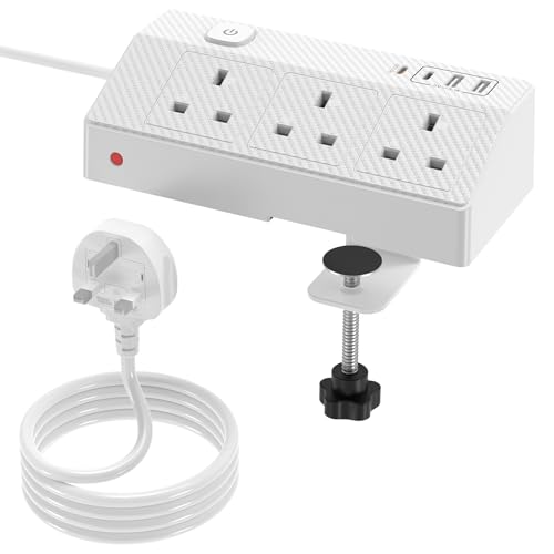 Desk Extension Lead 1.8M with USB Slots, PD 20W USB C Fast Charging Desk Power Socket, HAFINO 3 Way Desktop Power Strip, Surge Protected Extension Cable with Removable Clamp for Home Office, White