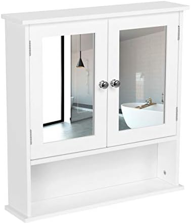 costoffs Wooden Bathroom Mirror Cabinet Double Doors Wall-mounted Cabinet with Adjustable Shelf Medicine Cabinet for Kitchen/Living Room/Bedroom (White)