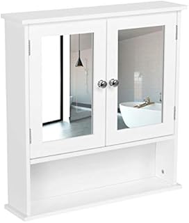 costoffs Wooden Bathroom Mirror Cabinet Double Doors Wall-mounted Cabinet with Adjustable Shelf Medicine Cabinet for Kitchen/Living Room/Bedroom (White)