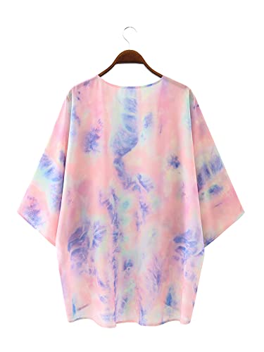 Chunoy Women Summer Tie Dye Short Sleeve Loose Chiffon Kimono Cardigan Open Front Beach Wear Cover Up Medium
