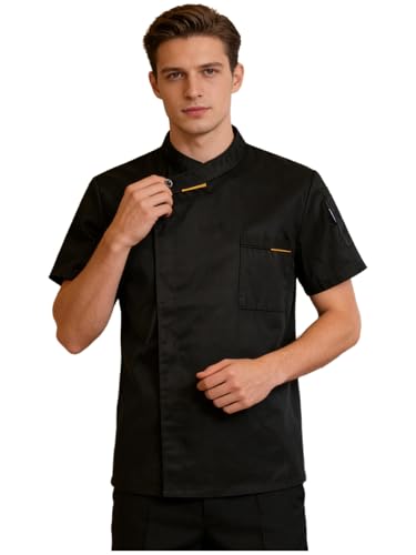 YOOJOO Unisex Chef Coat for Men Women Solid Color Chef Jacket Hotel Restaurant Work Shirt Uniform with Pockets #02Black 4X-Large