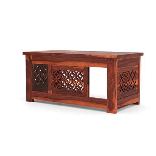Image of Sheesham Wooden Center Coffee Table for Home Furniture | Solid Wood Center Table for Living Room, Wooden Sofa Center Table Side Teaopy Table CNC- Honey Finish