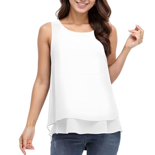 Zhiaek Chiffon Tank Top Damen Sommer ärmellose Blusentop Elegant Basic Cami Sommer Lässige Weste Oberteile Blusen Shirt Weiß L