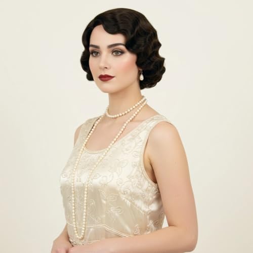 H&Bwig Brown Short 20s Wigs for Women Finger Wave Natural Synthetic Hair Wig for Women Lady Ladies Cosplay Anime Party Costume Anime Flapper Wig