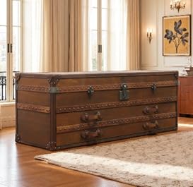CHAMDACRAFTER Large Wooden Storage Trunk with Metal Accents Classic Brown Chest with Drawers for Living Room & Bedroom