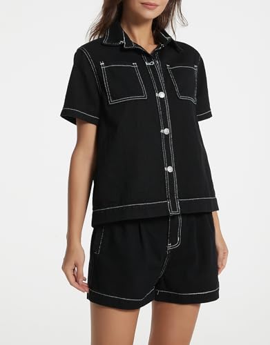 Image of Kedera Summer Denim Set for Women 2 piece Casual Short Sleeve Boxy Shirt Tops and Shorts Pants Lounge Sets Outfits
