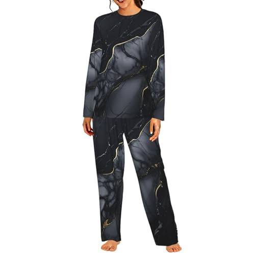 Pyjama marbre noir pour femme ensemble de nuit manche longue confortable