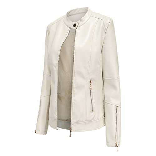 Wvapzxx Chaqueta de piel sintética de otoño para mujer, motociclista, motocicleta, chaquetas de PU para mujer, abrigo corto delgado, ropa de abrigo casual, blanco crema, L