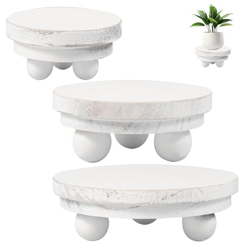UKQRRTC 3 Pack Wood Risers, 3 Size Stackable Wooden Stool Display Stand, Hold Up to 50lbs, Round Flower Pot Holder Stool, Mini Wood Tray Riser for Indoor Outdoor Décor (White)