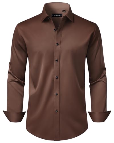 Lusead Brown Dress Shirts for Men Stretch Long Sleeve Formal Wrinkle Free Business Casual Button up Shirts for Dinner Party