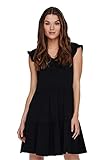 Nachhaltiges Kleid ONLY Damen Kurzes Rüschen Kleid Kurzarm Mini Dress mit V-Ausschnitt aus Baumwolle ONLMAY, Farben:Schwarz, Größe:XL