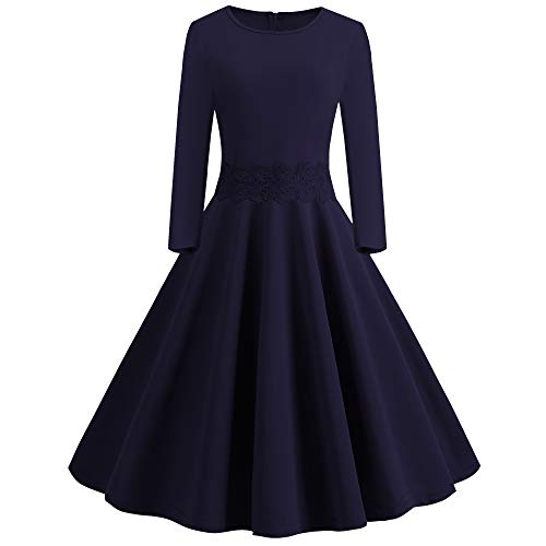 chuhefushi Women's Audrey Hepburn Rockabilly Vintage Dress 1950s Retro Cocktail Swing Party Long Sleeve Dress (Large, Navy1)